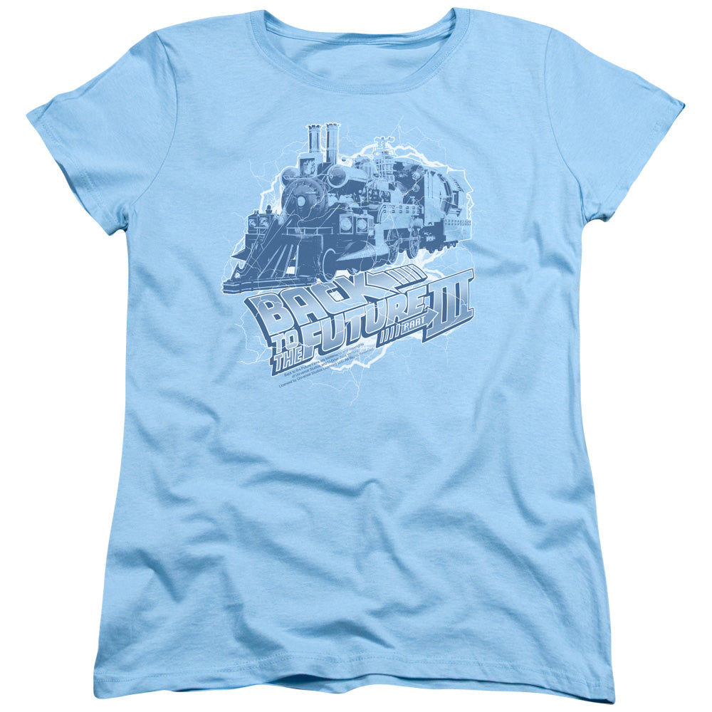 AN OFFCIALLY LICENSED BACK TO THE FUTURE III TIME TRAIN WOMEN'S REGULAR FIT T-SHIRT LIGHT BLUE