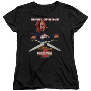 AN OFFCIALLY LICENSED CHILDS PLAY 2 CHUCKYS BACK WOMEN'S REGULAR FIT T-SHIRT BLACK