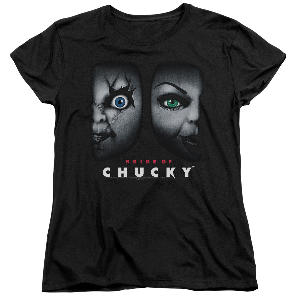 AN OFFCIALLY LICENSED BRIDE OF CHUCKY HAPPY COUPLE WOMEN'S REGULAR FIT T-SHIRT BLACK