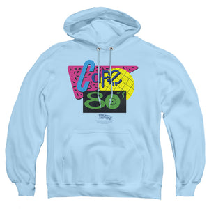 AN OFFCIALLY LICENSED BACK TO THE FUTURE II CAFE 80S ADULT UNISEX PULLOVER HOODIE LIGHT BLUE