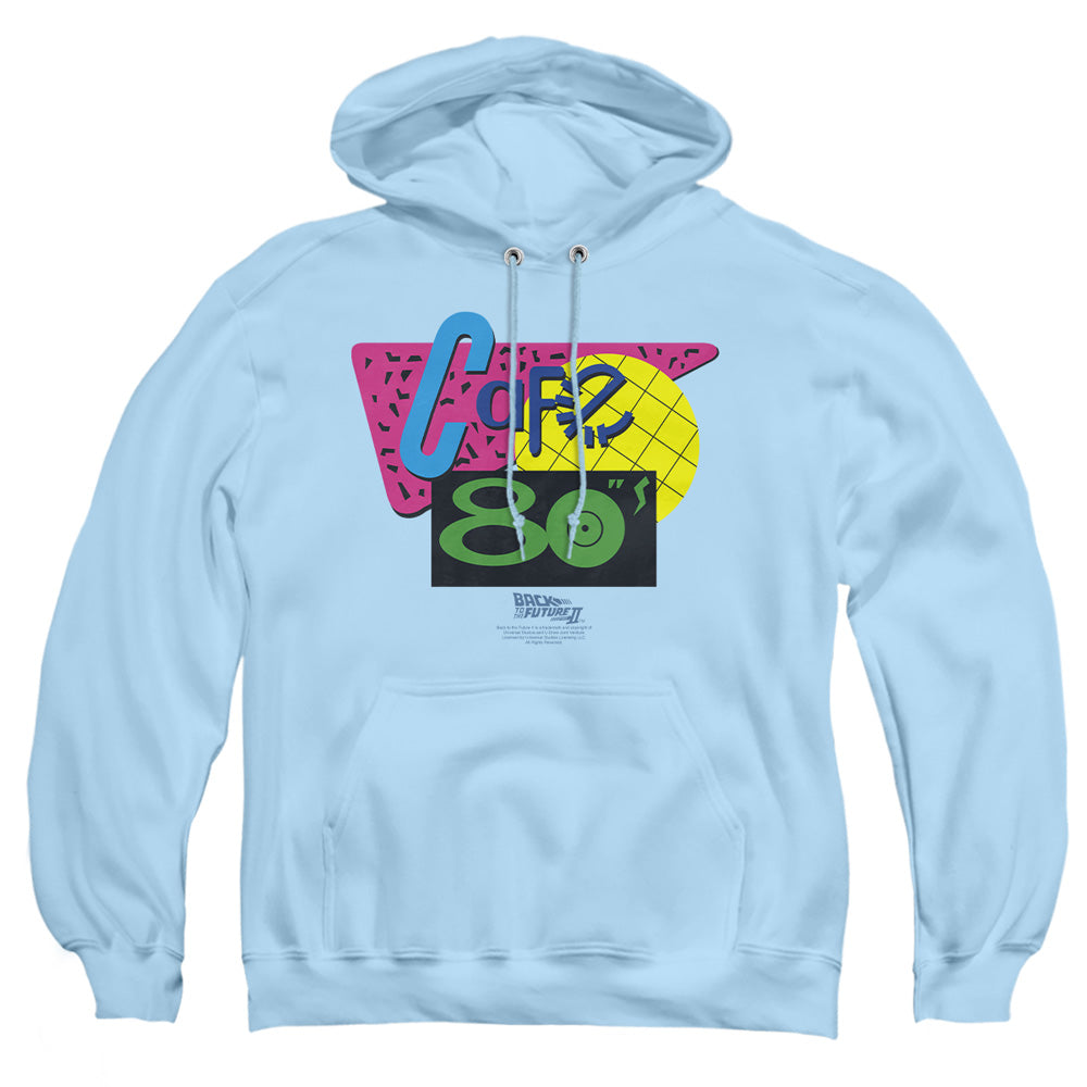AN OFFCIALLY LICENSED BACK TO THE FUTURE II CAFE 80S ADULT UNISEX PULLOVER HOODIE LIGHT BLUE