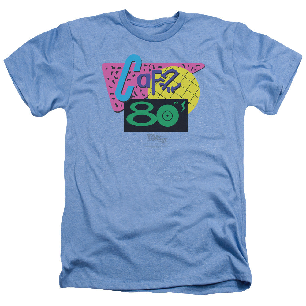 AN OFFCIALLY LICENSED BACK TO THE FUTURE II CAFE 80S MEN'S HEATHER T-SHIRT LIGHT BLUE
