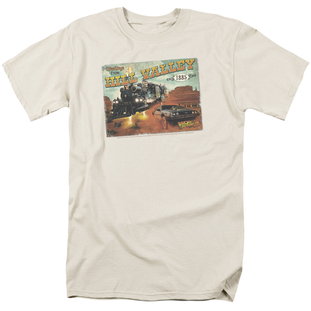 AN OFFCIALLY LICENSED BACK TO THE FUTURE III HILL VALLEY POSTCARD MEN'S REGULAR FIT T-SHIRT CREAM