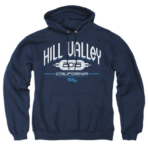AN OFFCIALLY LICENSED BACK TO THE FUTURE II HILL VALLEY 2015 ADULT UNISEX PULLOVER HOODIE NAVY