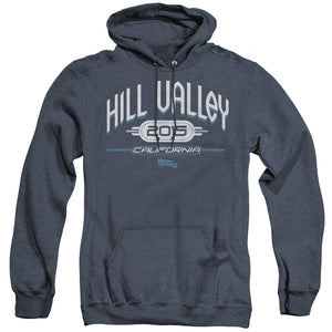 AN OFFCIALLY LICENSED BACK TO THE FUTURE II HILL VALLEY 2015 ADULT UNISEX HEATHER PULLOVER HOODIE NAVY