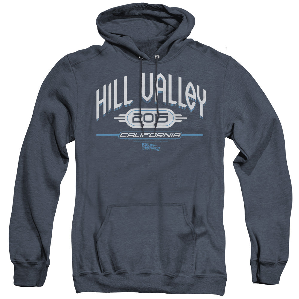 AN OFFCIALLY LICENSED BACK TO THE FUTURE II HILL VALLEY 2015 ADULT UNISEX HEATHER PULLOVER HOODIE NAVY
