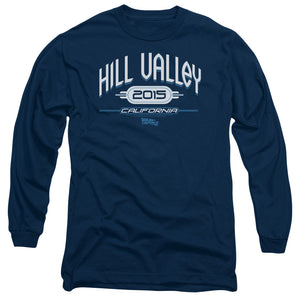 AN OFFCIALLY LICENSED BACK TO THE FUTURE II HILL VALLEY 2015 MEN'S LONG SLEEVE T-SHIRT NAVY