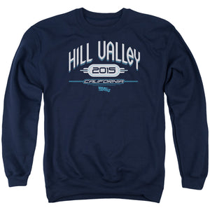 AN OFFCIALLY LICENSED BACK TO THE FUTURE II HILL VALLEY 2015 ADULT UNISEX CREWNECK SWEATSHIRT NAVY