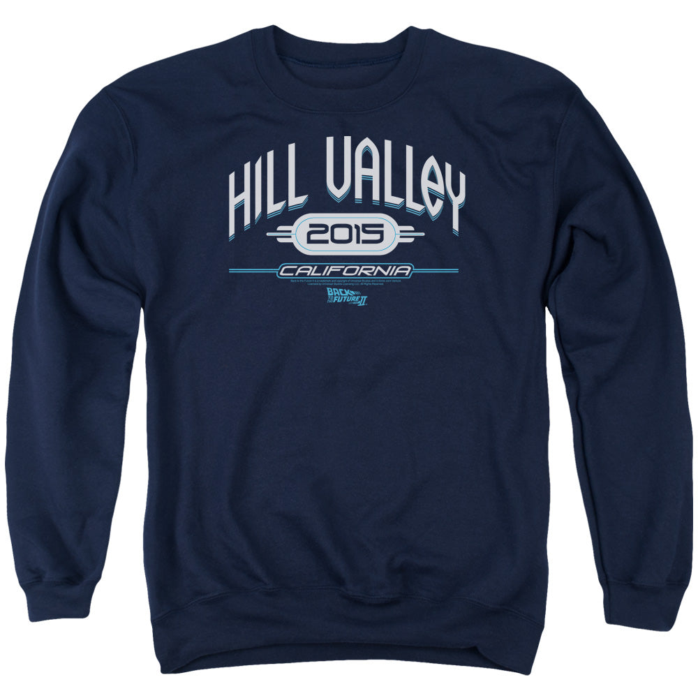 AN OFFCIALLY LICENSED BACK TO THE FUTURE II HILL VALLEY 2015 ADULT UNISEX CREWNECK SWEATSHIRT NAVY