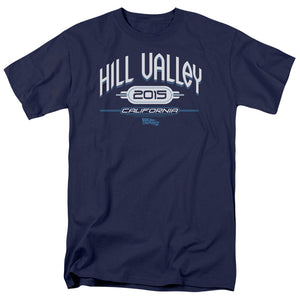AN OFFCIALLY LICENSED BACK TO THE FUTURE II HILL VALLEY 2015 MEN'S REGULAR FIT T-SHIRT NAVY