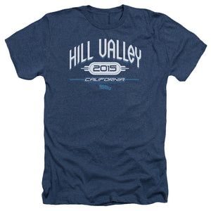 AN OFFCIALLY LICENSED BACK TO THE FUTURE II HILL VALLEY 2015 MEN'S HEATHER T-SHIRT NAVY