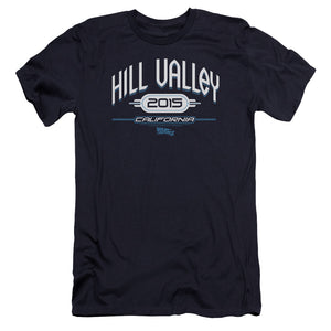 AN OFFCIALLY LICENSED BACK TO THE FUTURE II HILL VALLEY 2015 MEN'S PREMIUM SLIM FIT T-SHIRT NAVY