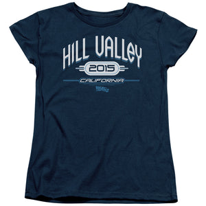 AN OFFCIALLY LICENSED BACK TO THE FUTURE II HILL VALLEY 2015 WOMEN'S REGULAR FIT T-SHIRT NAVY