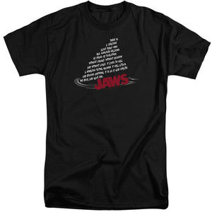 AN OFFCIALLY LICENSED JAWS DORSAL TEXT MEN'S TALL FIT T-SHIRT BLACK