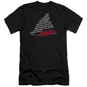 AN OFFCIALLY LICENSED JAWS DORSAL TEXT MEN'S PREMIUM SLIM FIT T-SHIRT BLACK