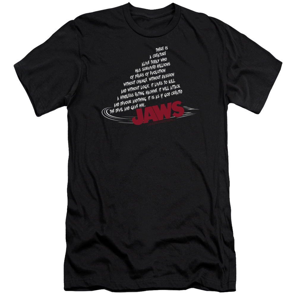AN OFFCIALLY LICENSED JAWS DORSAL TEXT MEN'S PREMIUM SLIM FIT T-SHIRT BLACK