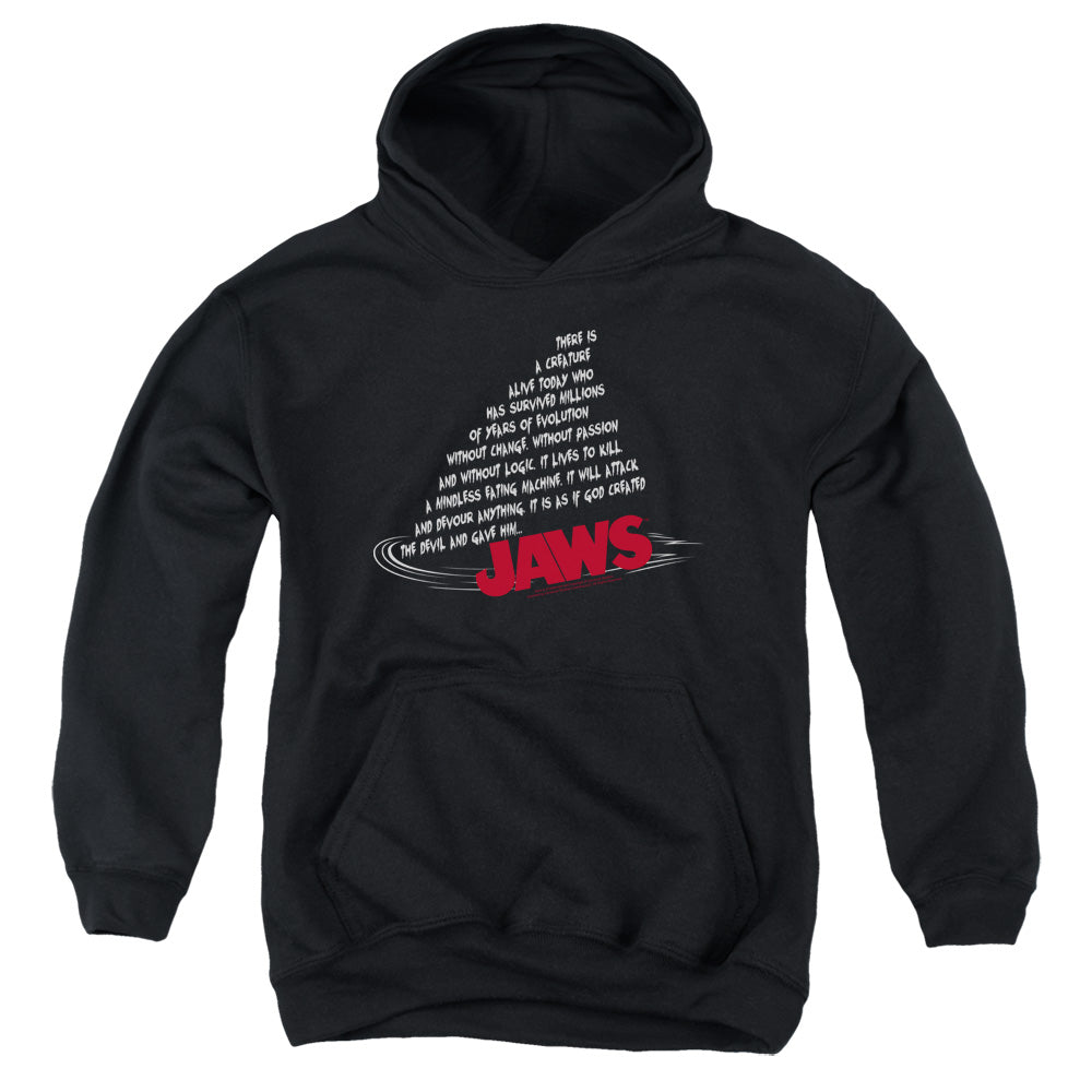 AN OFFCIALLY LICENSED JAWS DORSAL TEXT YOUTH HOODIE BLACK