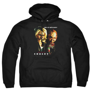 AN OFFCIALLY LICENSED BRIDE OF CHUCKY CHUCKY GETS LUCKY ADULT UNISEX PULLOVER HOODIE BLACK
