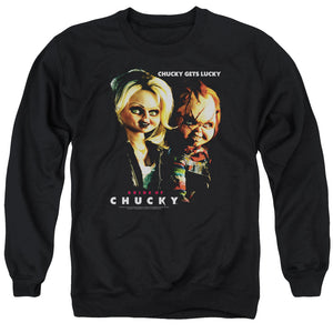 AN OFFCIALLY LICENSED BRIDE OF CHUCKY CHUCKY GETS LUCKY ADULT UNISEX CREWNECK SWEATSHIRT BLACK