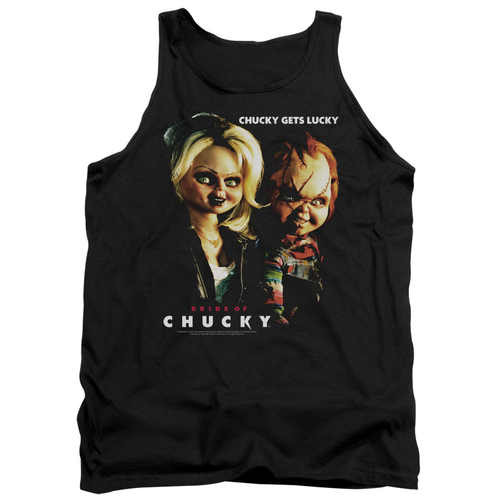AN OFFCIALLY LICENSED BRIDE OF CHUCKY CHUCKY GETS LUCKY ADULT UNISEX TANK TOP BLACK
