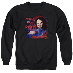 AN OFFCIALLY LICENSED CHILDS PLAY 3 TIME TO PLAY ADULT UNISEX CREWNECK SWEATSHIRT BLACK