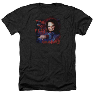 AN OFFCIALLY LICENSED CHILDS PLAY 3 TIME TO PLAY MEN'S HEATHER T-SHIRT CHARCOAL