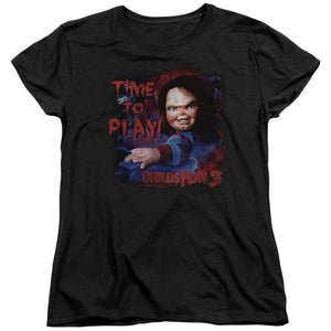 AN OFFCIALLY LICENSED CHILDS PLAY 3 TIME TO PLAY WOMEN'S REGULAR FIT T-SHIRT BLACK