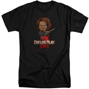 AN OFFCIALLY LICENSED CHILDS PLAY 2 HERES CHUCKY MEN'S TALL FIT T-SHIRT BLACK