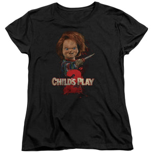 AN OFFCIALLY LICENSED CHILDS PLAY 2 HERES CHUCKY WOMEN'S REGULAR FIT T-SHIRT BLACK
