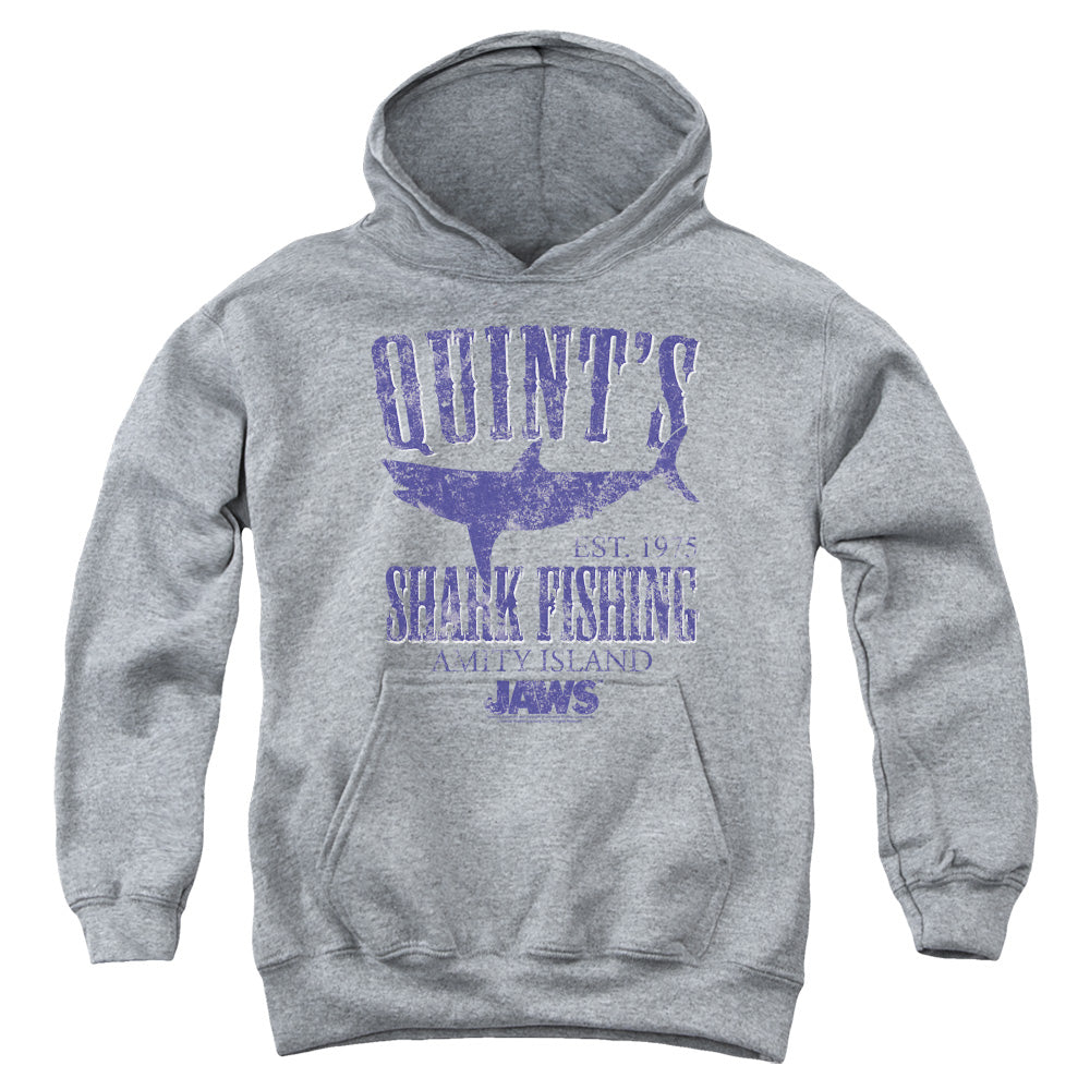 AN OFFCIALLY LICENSED JAWS QUINTS YOUTH HOODIE ATHLETIC HEATHER