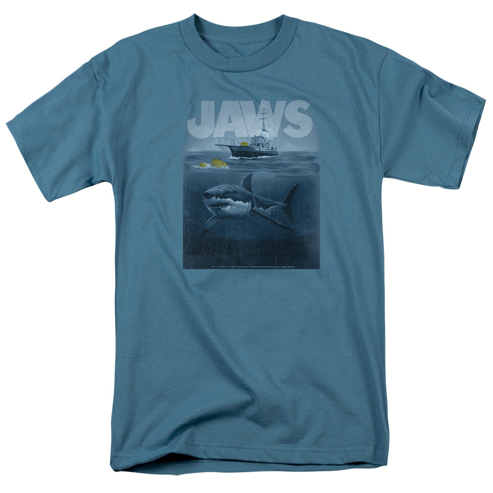 AN OFFCIALLY LICENSED JAWS SILHOUETTE MEN'S REGULAR FIT T-SHIRT SLATE