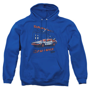 AN OFFCIALLY LICENSED BACK TO THE FUTURE LIGHTNING STRIKES ADULT UNISEX PULLOVER HOODIE ROYAL
