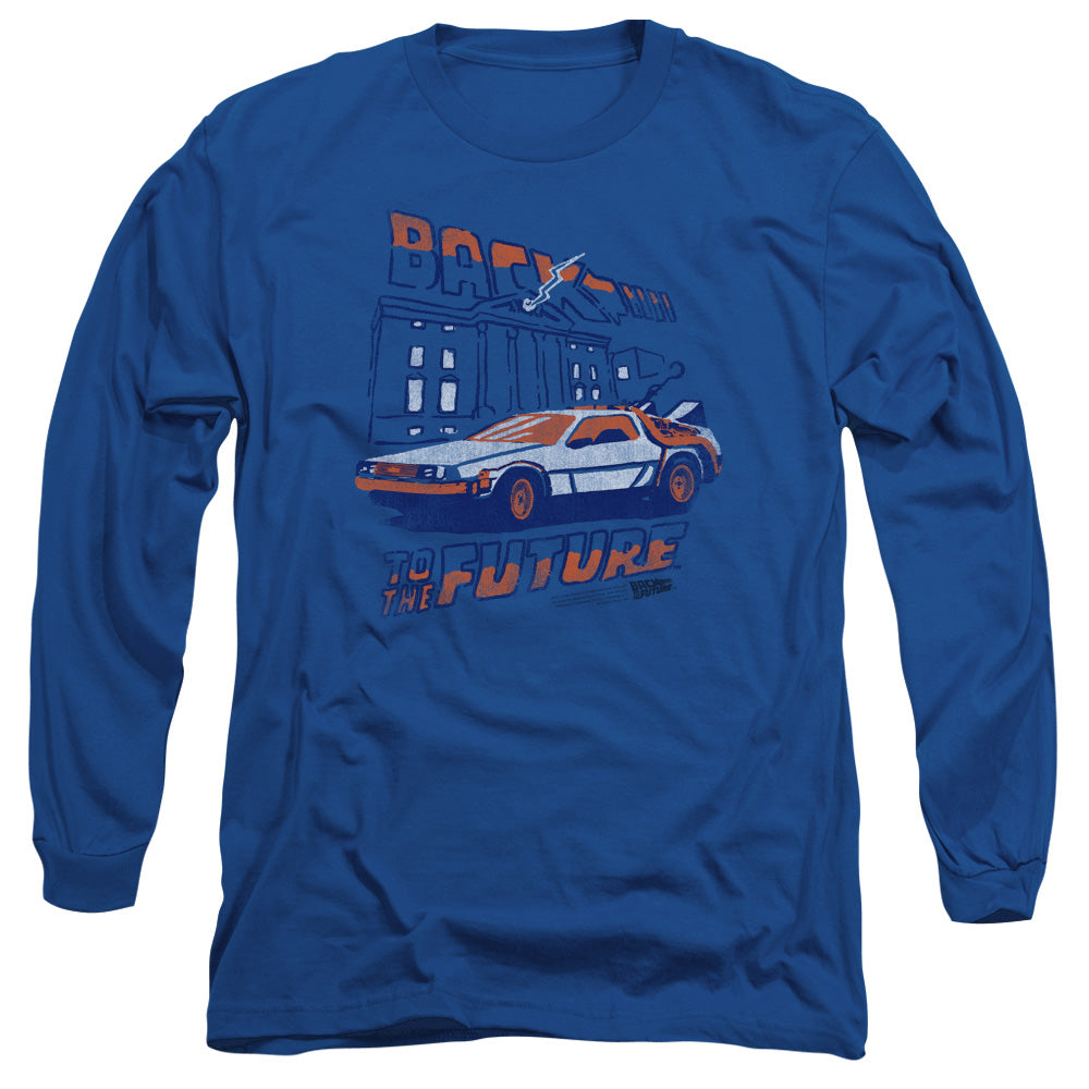AN OFFCIALLY LICENSED BACK TO THE FUTURE LIGHTNING STRIKES MEN'S LONG SLEEVE T-SHIRT ROYAL