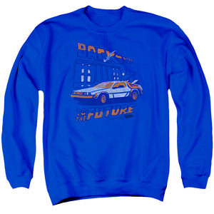 AN OFFCIALLY LICENSED BACK TO THE FUTURE LIGHTNING STRIKES ADULT UNISEX CREWNECK SWEATSHIRT ROYAL