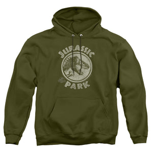 AN OFFCIALLY LICENSED JURASSIC PARK JP STAMP ADULT UNISEX PULLOVER HOODIE MILITARY GREEN