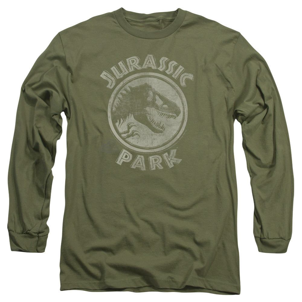 AN OFFCIALLY LICENSED JURASSIC PARK JP STAMP MEN'S LONG SLEEVE T-SHIRT MILITARY GREEN