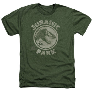 AN OFFCIALLY LICENSED JURASSIC PARK JP STAMP MEN'S HEATHER T-SHIRT MILITARY GREEN