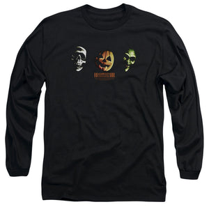 AN OFFCIALLY LICENSED HALLOWEEN III THREE MASKS MEN'S LONG SLEEVE T-SHIRT BLACK