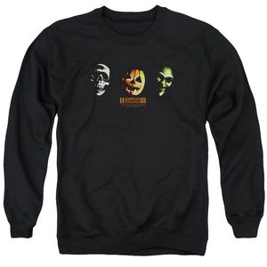 AN OFFCIALLY LICENSED HALLOWEEN III THREE MASKS ADULT UNISEX CREWNECK SWEATSHIRT BLACK