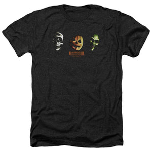 AN OFFCIALLY LICENSED HALLOWEEN III THREE MASKS MEN'S HEATHER T-SHIRT CHARCOAL