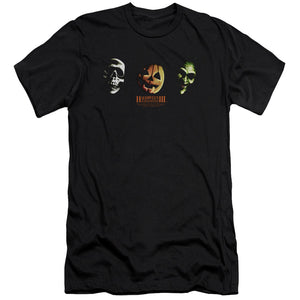 AN OFFCIALLY LICENSED HALLOWEEN III THREE MASKS MEN'S PREMIUM SLIM FIT T-SHIRT BLACK