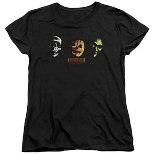 AN OFFCIALLY LICENSED HALLOWEEN III THREE MASKS WOMEN'S REGULAR FIT T-SHIRT BLACK