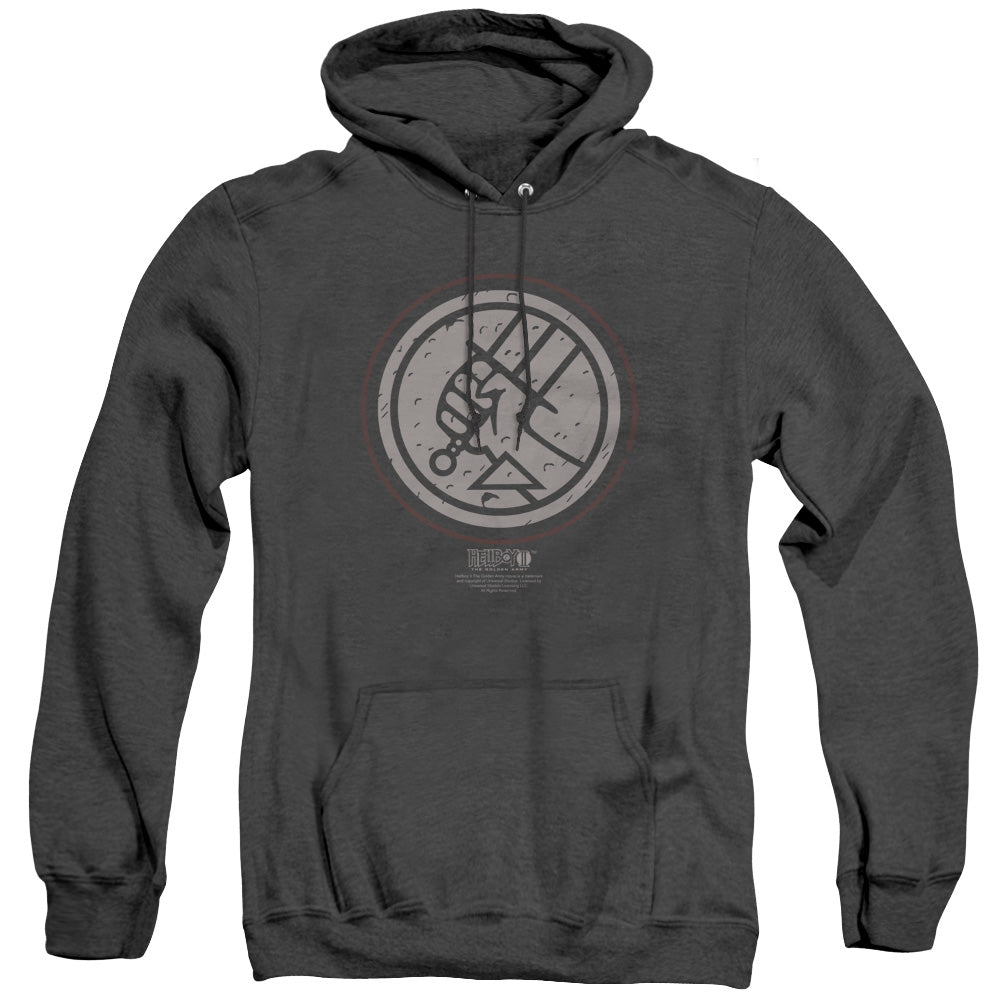AN OFFCIALLY LICENSED HELLBOY II MIGNOLA STYLE LOGO ADULT UNISEX HEATHER PULLOVER HOODIE BLACK
