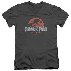 AN OFFCIALLY LICENSED JURASSIC PARK FADED LOGO MEN'S V-NECK T-SHIRT CHARCOAL