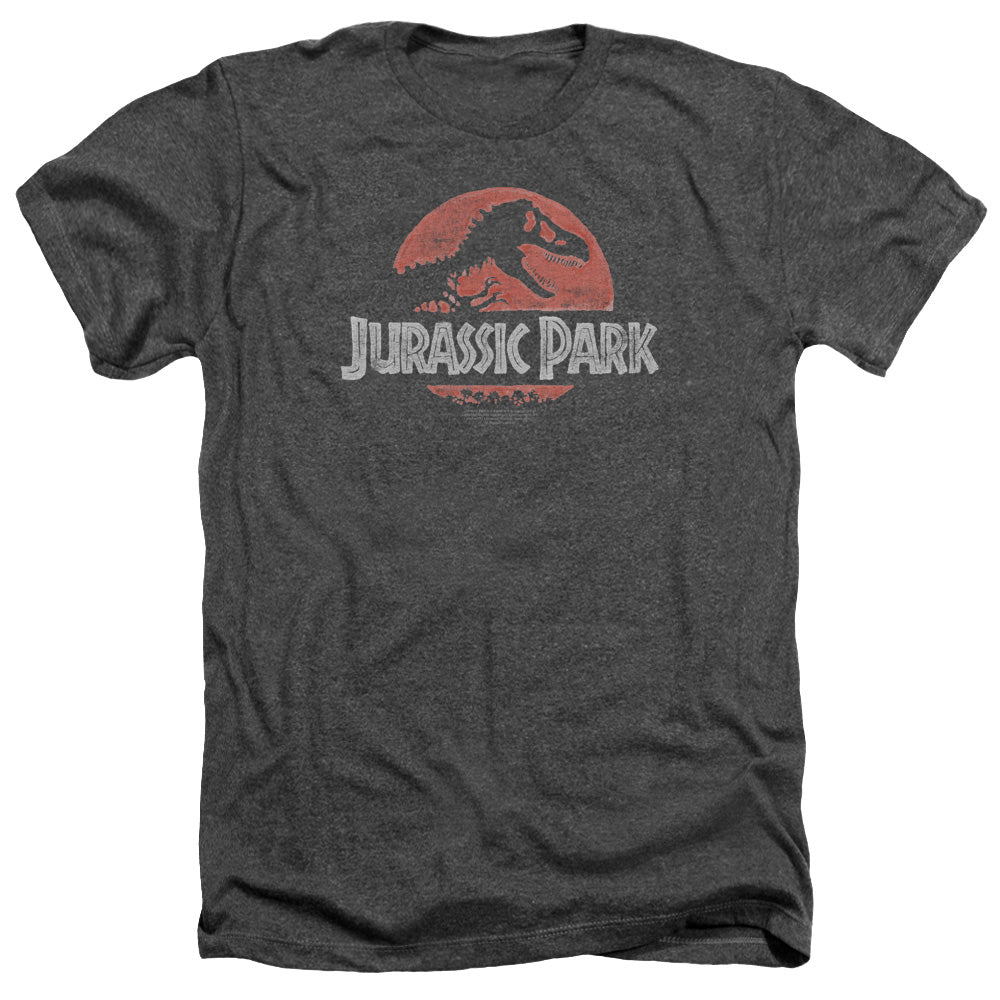 AN OFFCIALLY LICENSED JURASSIC PARK FADED LOGO MEN'S HEATHER T-SHIRT CHARCOAL