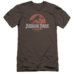 AN OFFCIALLY LICENSED JURASSIC PARK FADED LOGO MEN'S PREMIUM SLIM FIT T-SHIRT CHARCOAL