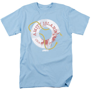AN OFFCIALLY LICENSED JAWS LIFE PRESERVER MEN'S REGULAR FIT T-SHIRT LIGHT BLUE
