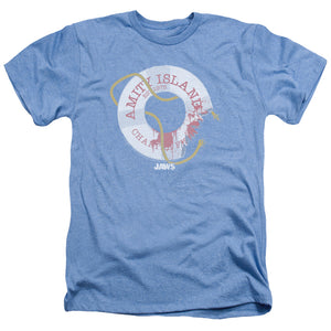AN OFFCIALLY LICENSED JAWS LIFE PRESERVER MEN'S HEATHER T-SHIRT LIGHT BLUE