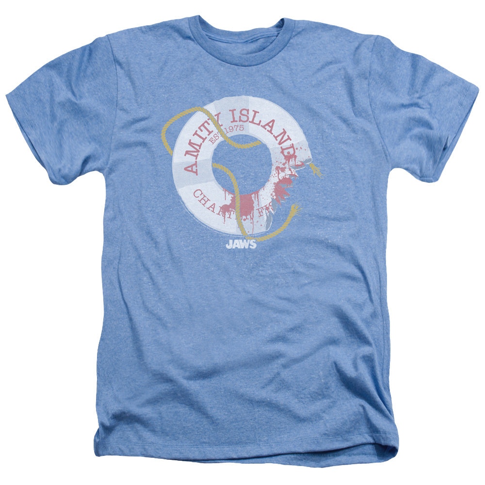 AN OFFCIALLY LICENSED JAWS LIFE PRESERVER MEN'S HEATHER T-SHIRT LIGHT BLUE