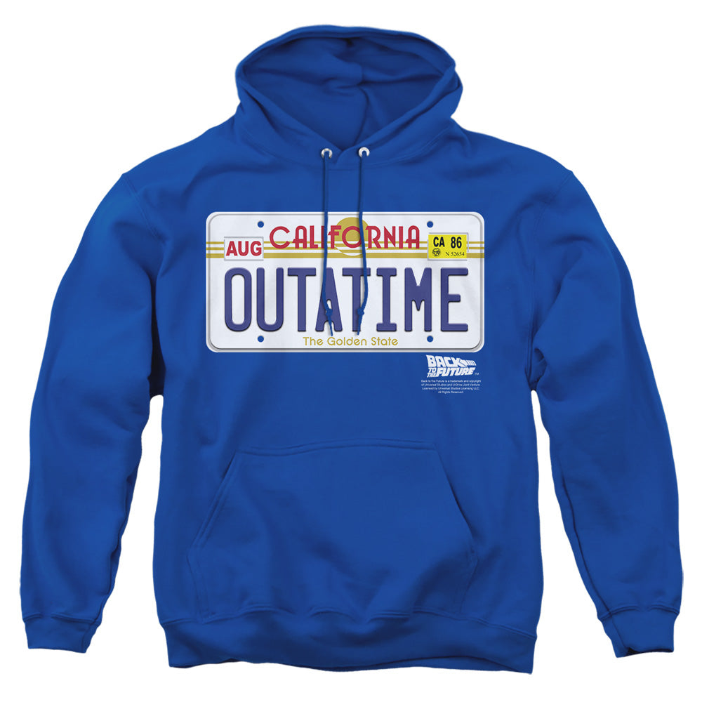 AN OFFCIALLY LICENSED BACK TO THE FUTURE OUTATIME PLATE ADULT UNISEX PULLOVER HOODIE ROYAL